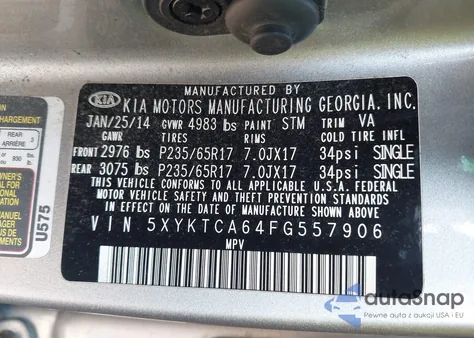 2015 Kia Sorento Lx from USA, damaged, VIN 5XYKTCA64FG557906